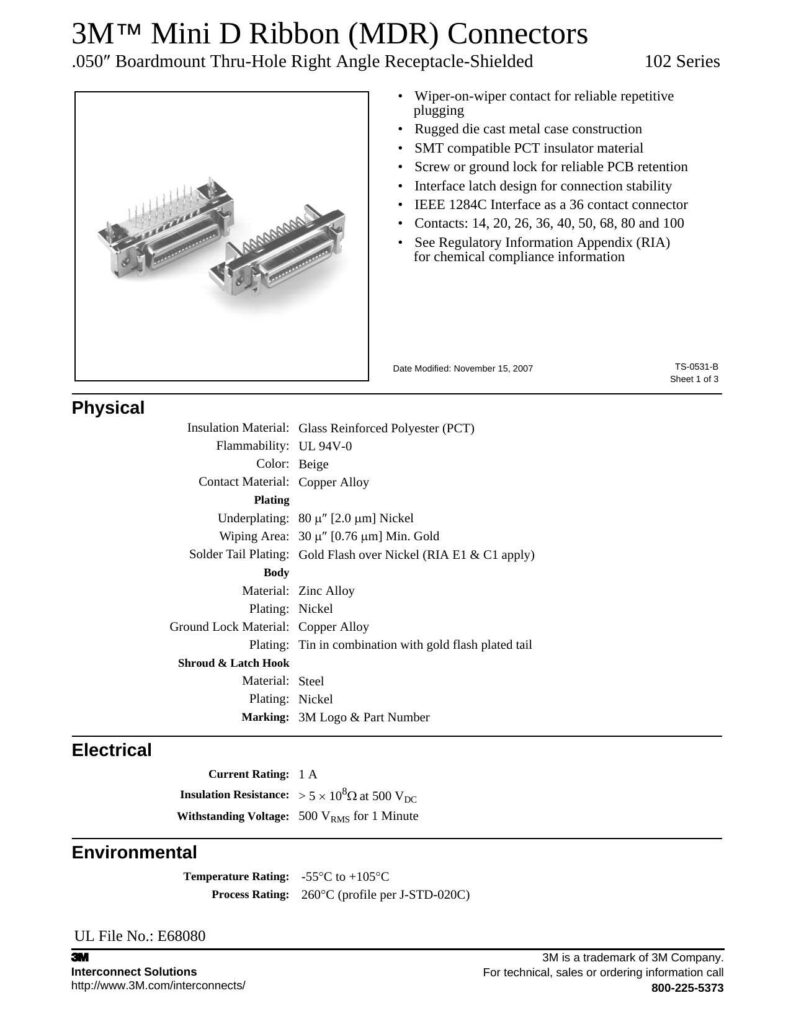 3m-mini-d-ribbon-mdr-connectors-050-boardmount-thru-hole-right-angle-receptacle-shielded-102-series-datasheet.pdf