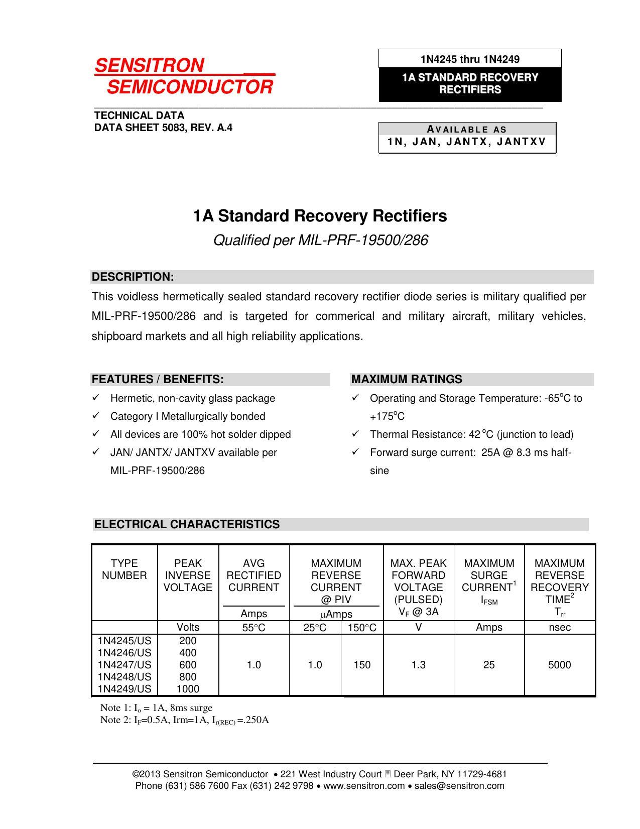 1n4245-1n4249-standard-recovery-rectifiers---sensitron-semiconductor-technical-datasheet.pdf