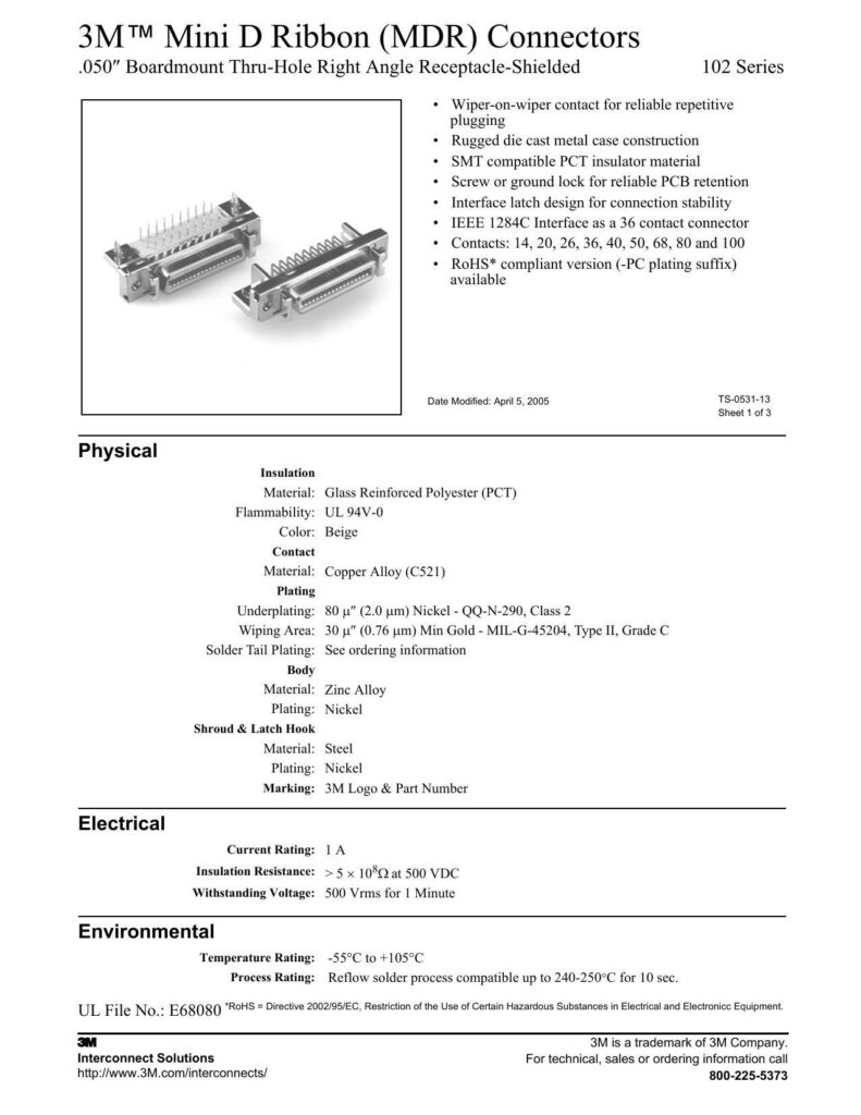 3m-mini-d-ribbon-mdr-connectors-050-boardmount-thru-hole-right-angle-receptacle-shielded-102-series.pdf