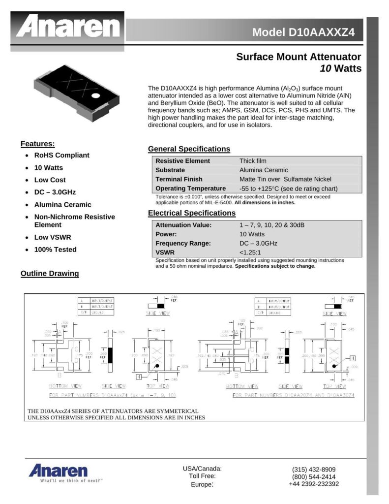 anaren-model-dioaaxxz4-surface-mount-attenuator-10-watts-datasheet.pdf