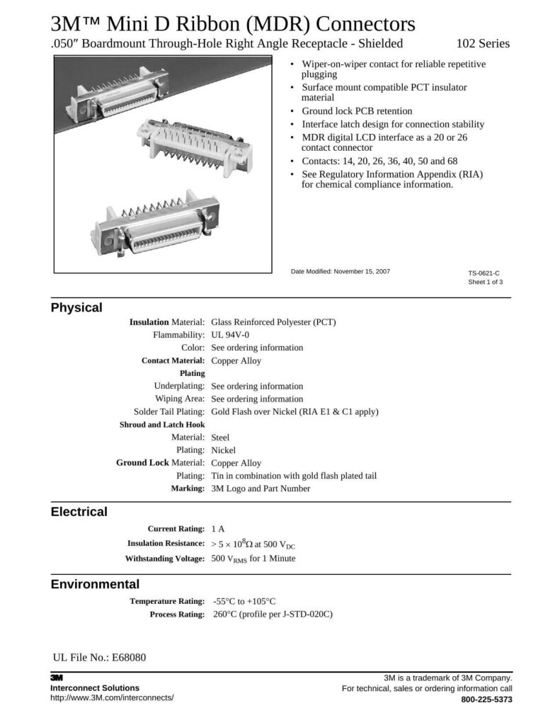 3m-mini-d-ribbon-mdr-connectors-050-boardmount-through-hole-right-angle-receptacle-shielded-102-series.pdf