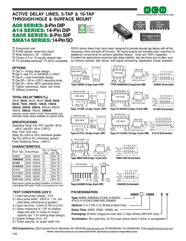 rcd-active-delay-lines-5-tap-10-tap-through-hole-surface-mount-ao8-series-8-pin-dip-rohs-terinw-a14-series-14-pin-dip-cumolani-rohs-comparble-sao8-series-8-pin-sip-sma14-series-14-pin-so.pdf