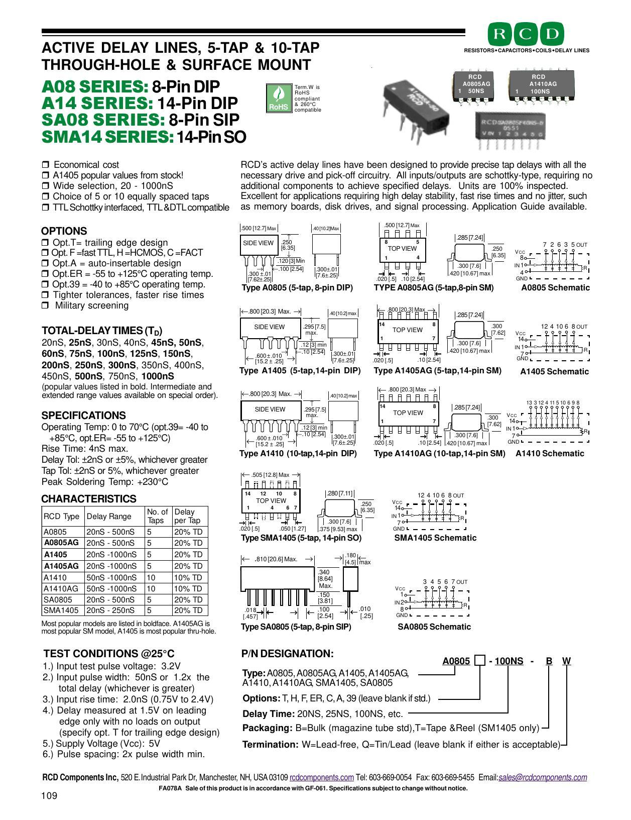 rcd-active-delay-lines-5-tap-10-tap-through-hole-surface-mount-ao8-series-8-pin-dip-rohs-terinw-a14-series-14-pin-dip-cumolani-rohs-comparble-sao8-series-8-pin-sip-sma14-series-14-pin-so.pdf