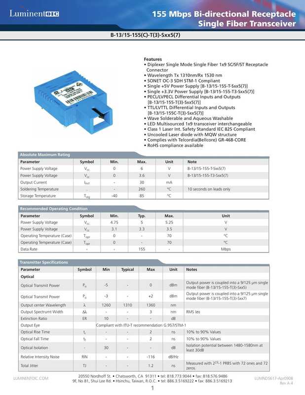 luminent-155-mbps-bi-directional-receptacle-single-fiber-transceiver-datasheet.pdf