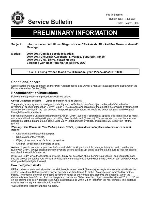 service-bulletin-information-and-additional-diagnostics-on-park-assist-blocked-see-owners-manual-message-for-2010-2013-cadillac-escalade-chevrolet-avalanche-silverado-suburban-tahoe-gmc-sierra-and-yukon-models-equipped-with-rear-parking-assist-rpo-udz.pdf