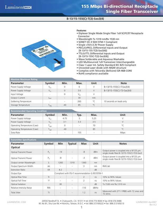 luminent-155-mbps-bi-directional-receptacle-single-fiber-transceiver.pdf